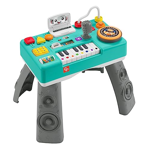 Fisher-Price Rir e aprender mesa de mistura musical DJ piano de brinquedo com atividades, luzes e sons, sentado e em pé, bebés + 6 meses, versão alemã, HGX09