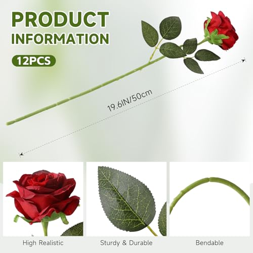 Image of Tifuly 12 PCS Rose Artificial Flower, Single Stem Fake Flowers Bridal Wedding Bouquet, Realistic Blossom Flora for Home Garden Party Hotel Office Decorations (Gradient Burgandy)