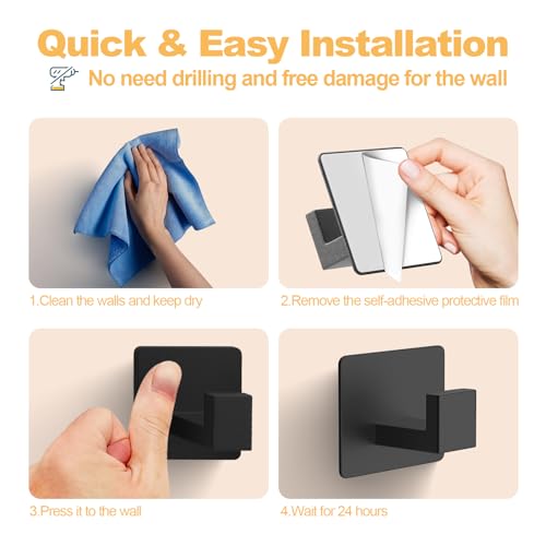PMMASTO Black 4 Pack Self Adhesive Wall Hooks for Hanging, Stick On Wall Hanger Hook for Shower, Robe, Hat - Aluminium view 7