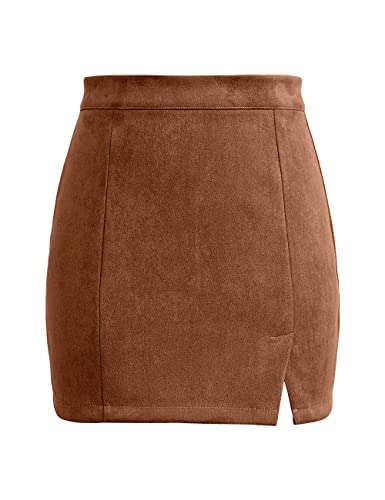 Mulisky Skirts for Women, Faux Suede High Waist Side Split Zipper Mini Skirts4