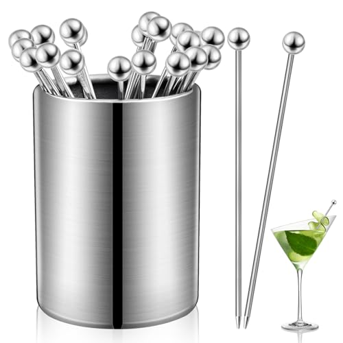 Akamino 25 Pcs Cocktail Picks and Holder Kit,4.3 Inch Stainless Steel Cocktail Toothpicks,Garnish Picks Bloody Mary Skewers,Reusable Metal Cocktail Sticks for Drinks Olives Appetizers Fruit