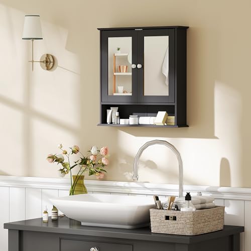 kleankin Armario de Baño con Espejo, Armario de Pared con 2 Puertas, Estante Abierto, Estante Ajustable, Mueble de Baño Colgar para Cocina, Salón, 56x13x58 cm, Negro