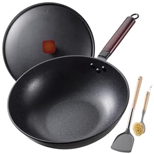 Carbon Steel Wok -13 Inch Woks & Stir-fry Pans Nonstick, Wok Pan with Lid Spatula and Dish Brush: Pre-Seasoned Flat Bottom Chinese Wok for Induction, Electric, Gas, All Stoves