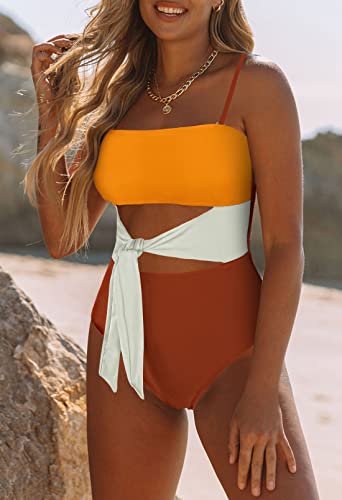 Image of Viottiset Women's Bandeau One Piece Swimsuit Strapless Tie High Cut Out Bathing Suit