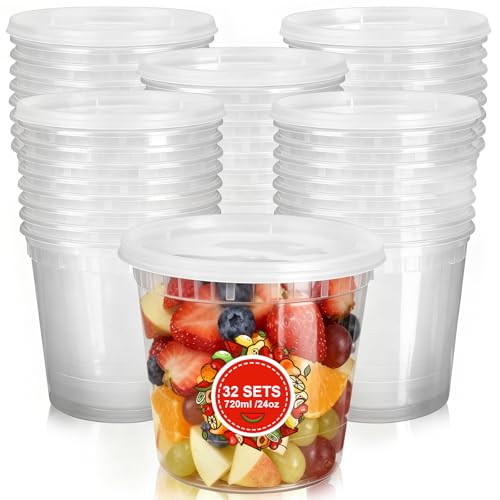 TianFukj 32 Pièces Gobelet avec Couvercle, 720ml / 24oz Réutilisables Barquette Plastique avec Couvercle, Boite Hermetique Alimentaire, Boite de Conservation...