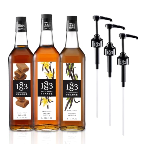 1883 Vanilla, Caramel, French Vanilla Syrups with Pumps (Café Variety Pack) for Coffee &amp; Drinks – 1 Liter Glass Bottles (Pack of 3)