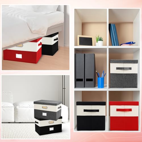 Image of Large Linen Fabric Foldable Storage Bins with Removable Lid and Handles, Washable Storage Box Organizer Containers Baskets Cube with Cover for Bedroom,Office(Black&Cream, Large(2-Pack))