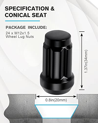 Nemtor M12x1.5 Wheel Lug Nuts, 24PCS with 2 Keys Black Closed End Lug Nut,12mmx1.5 Lug Nut 1.37'' Tall Replacement for 1997-2016 for Toyota for Tacoma/for Sienna/for Rav4