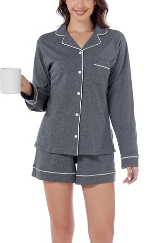 Image of LUBOT 100% Cotton Pajamas for Women 2PC PJ Set Womens Soft Long Sleeve Button-Down Shirt Two Piece Set Sleepwear Loungewear Night Suit (Dark Gray, 2XL)