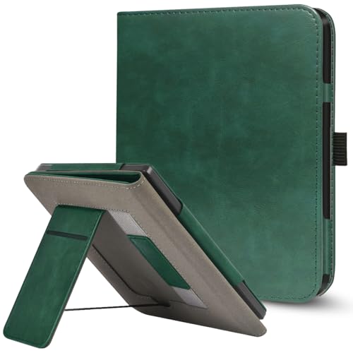 Stand Case for 7 Kobo Libra Colour (2024) / Kobo Libra 2 (2021) eReader Durable PU Leather Cover with Auto Sleep Wake Card Slot Hand Strap Feature Compatible with Model N428 & N418 Midnight Green