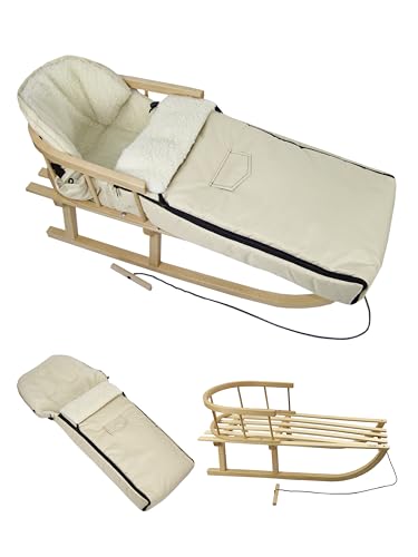 Kombi-Angebot Holz-Schlitten mit Rückenlehne & Zugseil + universaler Winterfußsack (108cm), auch geeignet für Babyschale, Kinderwagen, Buggy, aus Wolle Uni (beige)