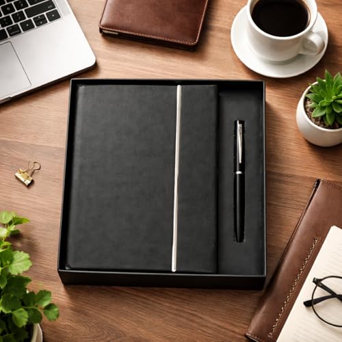 Image of 2 in 1 Diary with Pen Gift Set for Men and Women, Leather Notebook Diary & Metal Pen Birthday Gifts for Husband, Brother, Father New Year Corporate Gift for Employee Gift Set (Black)