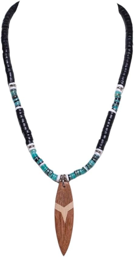 BlueRica Wood Surfboard on Black Coconut Beads & Green Heishi Shells Necklace - Image 2