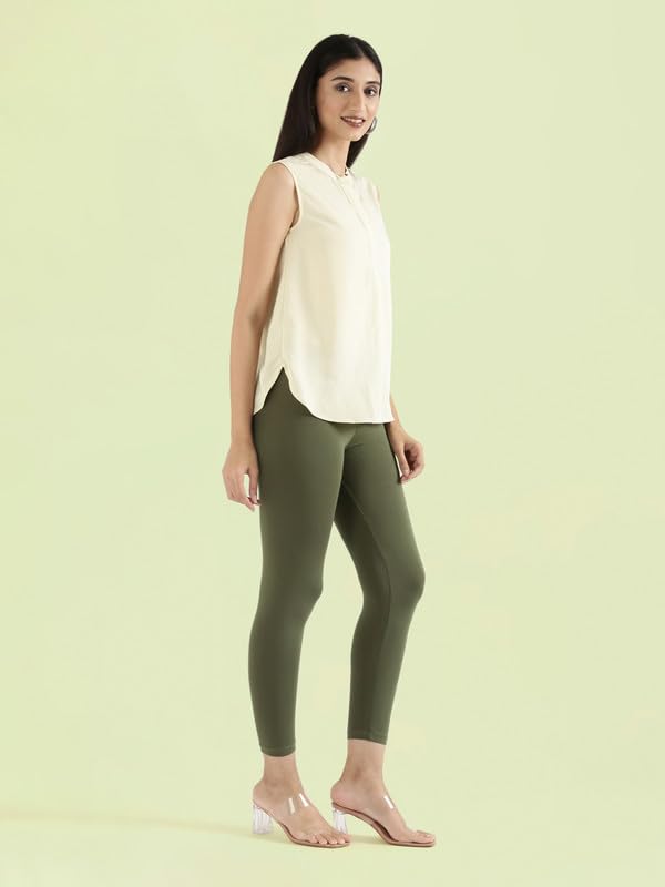 Image of GO COLORS Soft Cotton Stretch Cropped Leggings for Women | Breathable, Mid Rise, Olive Green