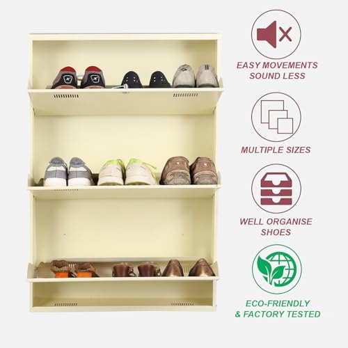 Image of Metal Shoe Rack Wall Mounted for Home with Central Locking |3 Door 28 inch Wall Mounted Metal 9 Pair Shoe Rack Cabinet | Pre-Assembled Rack Shelves |3 Year Warranty (Ivory)