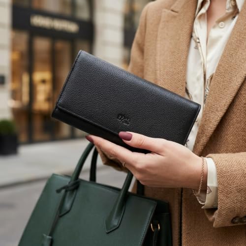 Image of Women's Top Grain Leather Wallet, RFID Blocking Bifold clutch, 17 Card Slots, Zip Pocket Organizer, Elegant Gift for Women - Birthday, Valentine, Anniversary - BLACK