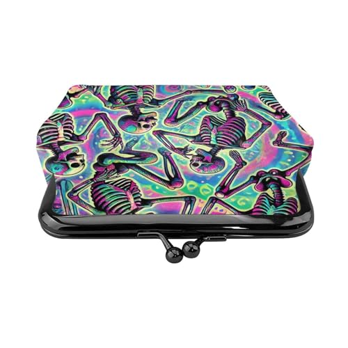 Pu Leather Buckle Coin Purse Psychedelic-Halloween-Skeletons Girls Kiss-Lock Change Purse Wallets2