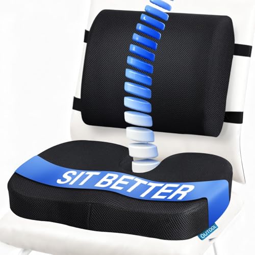 Image of Memory Foam Seat Cushion and Lumbar Support Pillow Set, Breathable, Black for Office Chair car - Black Combo