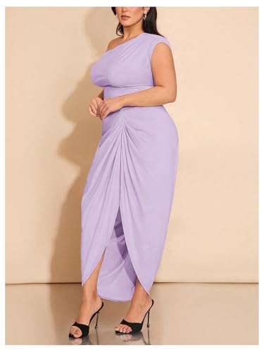 Image of Floerns Women's Plus Size Asymmetrical Neck Long Dress Ruched Slit Hem Cocktail Dress