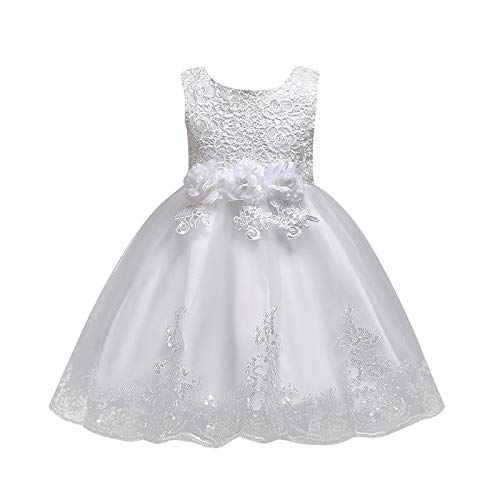 Routefuture Robe de Princesse Bébé Fille Fleur Broderie Bowknot Tulle Tutu Demoiselle d'honneur Mariage Communion Ceremonie Anniversaire Carnaval Robe de Bal de Soirée (Blanche,1-2 Ans)