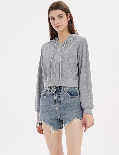 Image of Casual Wear Solid Crop Zipper Jacket Hooded Neck Full Sleeves with Kangaroo Pocket Hoodie for Women
