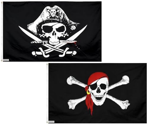 Fontee® 2 Stück [Piratenflagge] [90X150 cm] [Lebendige Farbe] [UV-lichtbeständig] [Leinwandkopf] [Doppelt genäht] [Dicke Messingösen] [Piraten Flagge]