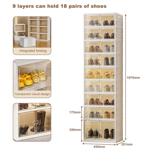 GarveeLife Transparente Schuhregal 9 Ebenen 18 Paare, Faltbares Schuhboxen Stapelbar aus Kunststoff mit Magnetischer Tür, Schuhschrank für Stöckelschuhe, Stiefeletten, Pumps, 45x35.1x167.6cm