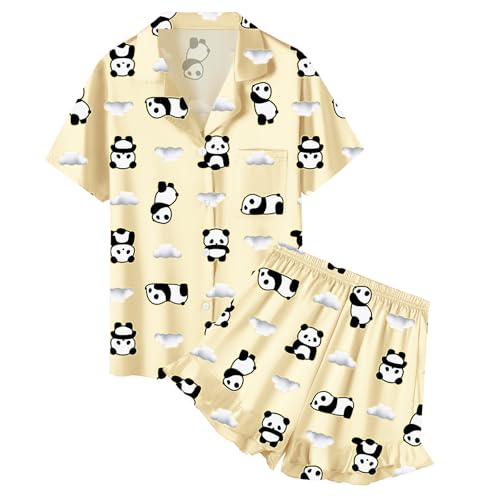 QZH.DUAO Girls Satin Silky Collar V Neck Ruffle Short Sleeve Top and Shorts Pajamas Set, Yellow Panda, 13-14 Years
