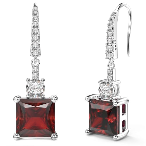 18K White Gold Plated Sterling Silver Square Princess Cut Cubic Zirconia Dangle Earrings for Women CZ Diamond Drop Dangling Earrings for Women (Red)