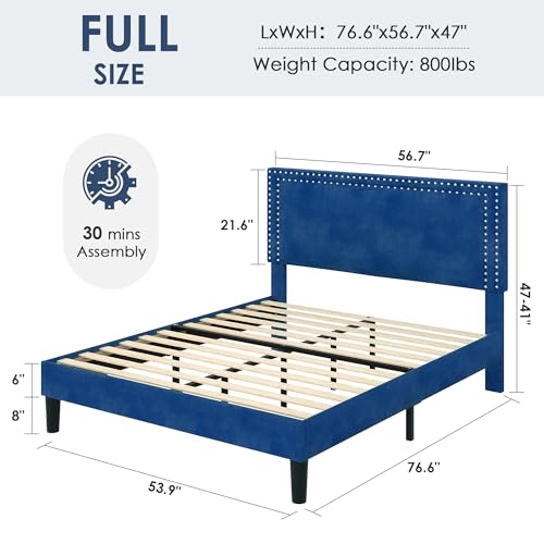 Image of VECELO Full Size Platform Bed Frame with Height Adjustable Upholstered Headboard, Modern Mattress Foundation,Strong Wood Slat Support, No Box Spring Needed, Easy Assembly,Dark Blue