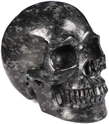 Skullis 5.0" Russian Arfvedsonite Crystal Skull, Hand Carved Gemstone Fine Art Sculpture, Reiki Healing Stone Statue.