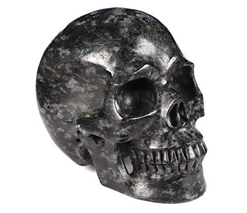 Skullis 5.0" Russian Arfvedsonite Crystal Skull, Hand Carved Gemstone Fine Art Sculpture, Reiki Healing Stone Statue. #TOP3