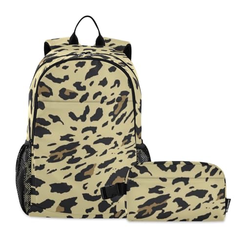 Sacs à dos d'école pour filles avec boîte à déjeuner jaune motif léopard pour le collège