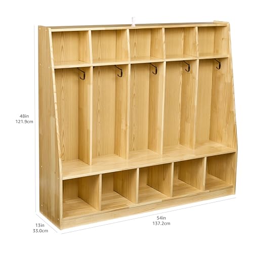 Amazon Basics Coat Locker Storage, 5-Section with Bench, 13"D x 54"W x 48"H, Natural Finish, Solid Pine Wood, Mudroom Furniture with Storage & Hooks for Home, School, Kindergarten
