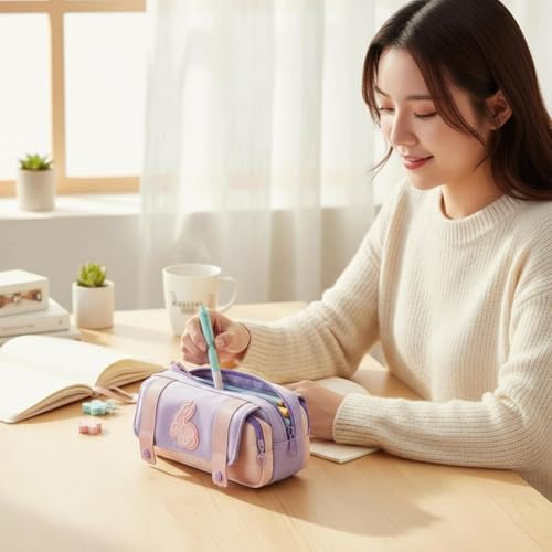 Image of Kawaii Cute Aesthetic Pencil Case for Students | Large Capacity Multi-Pocket Pencil Pouch with Zipper | Cartoon Stationery Organizer Bag for School, College & Office Supplies (Purple)