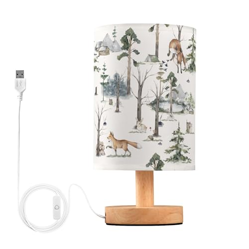 Image of YYZZH Table Lamp Watercolor Woodland Animal Pattern Fox Rabbit Hedgehog Bird Nightstand Lamp with Wood Base Fabric Lamp Shade Bedside Desk Lamp for Living Room Bedroom Kids Room Office