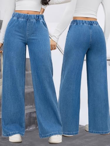 Image of ADBUCKS Women's Stretchy Elastic Waist Wide-Leg Jeans - Minimalist Pocket-Free Drapey Denim Pants, Comfortable Pull-On Style, Ideal for Daily Commute & Casual Wear