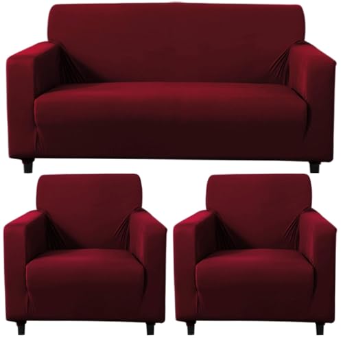 Image of HOKIPO 140 GSM Sofa Cover 5 Seater Elastic Stretchable Sofa Slipcover Protector, Maroon (NEW-AR-4277-E4*2 + AR-4279-E4)