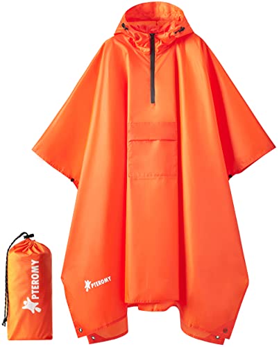 Image of PTEROMY Hooded Rain Poncho for Adult, Waterproof Lightweight Unisex Raincoat for Hiking Camping Emergency
