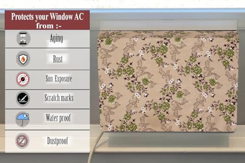 Image of The Furnishing Tree Elastic fit waterproof Polyester window ac cover suitable for Croma 1 Ton, Dustproof cover for inner and outer section, In CM: (48.26x59.69x38.74), Floral Pattern Beige