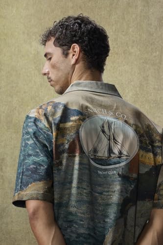 Image of SNITCH Men Yacht Club Luxe Casual Shirt | Regular Fit Half Sleeve Cuban Collar Graphic Print Design | Cotton Lyocell Blend & Breathable Fabric for Resort Wear & Summer Outings