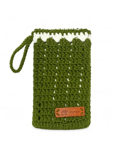 Image of CuddleBerry Co Handmade Crochet Mobile Pouch, Forest Green, with Wrist Strap, Phone Sleeve for Women and Girls