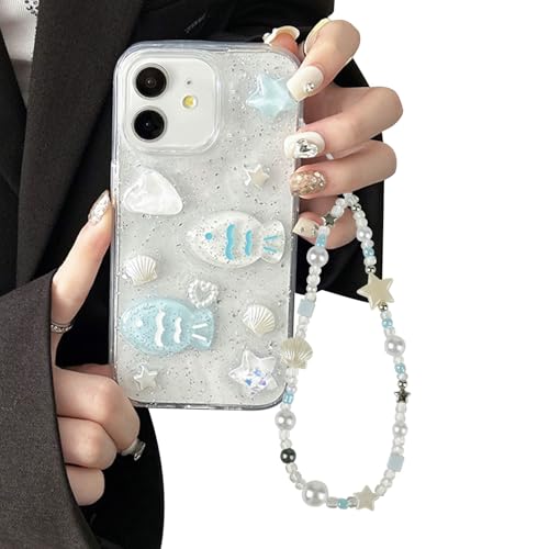Coque iPhone 12 Pro transparente poisson 3D à paillettes avec chaîne