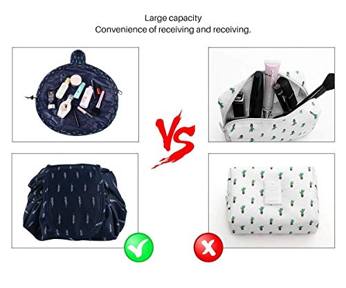 Image of Maharsh Women's Convenient and Waterproof Multifunction Portable Lazy Travel Cosmetic Storage Makeup Organizer Toiletry Bag with Drawstrings (Dark Blue Leaf)