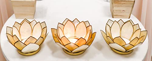 Ebros Gift Pack of 3 Hand Crafted Capiz Seashells Auspicious Lotus Flower Yellow Gold Votive Tea Light Candle Holder Figurine 18 Petals Zen Feng Shui Meditation Home Fragrance Decor Accessory