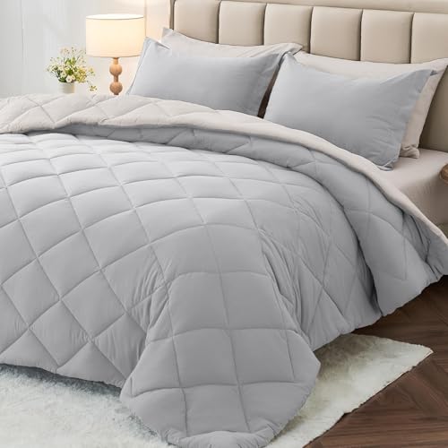 MUXHOMO California King Comforter Set 7 Pieces, Light Grey/Beige