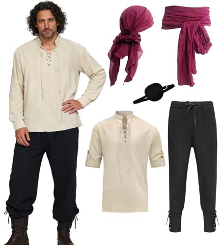 Ginkago Deguisement Pirate Homme et Femme avec Ceinture Bandana Cache Oeil Pirate Costume Pirate Chemise Pirate Homme pour Adulte Halloween Carnaval Anniversaire (Rouge, XL)