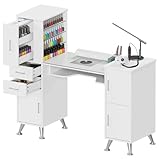 Kikihouse Manicure Table Nail Station w/Glass Top, Dust Collector, 4 Dust Bags, Storage Drawers & Cabinets, Nail Desk Beauty Salon Workstation (White)