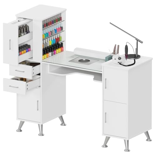 Kikihouse Manicure Table Nail Station w/Glass Top, Dust Collector, 4 Dust Bags, Storage Drawers & Cabinets, Nail Desk Beauty Salon Workstation (White)
