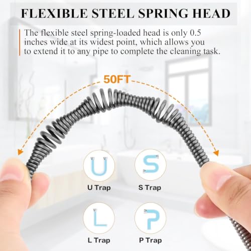 Image of 50 FT Drain Snake Auto-Feed Drill Attachment Plumbing Auger | 50 FT Drain Snake Auger, Auto-Feed & Drill-Powered, Heavy Duty Steel Cable, Gloves & Hair Removers